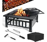 Brasero de 81 cm - Foyer de jardin - Protection contre les étincelles et couvercle - Grille de barbecue - Housse de protection - Design à 4 pieds - Ensemble d'accessoires comprenant un crochet de brai