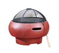 Braséro de Jardin à Bois Chauffage extérieur avec tisonnier Couvercle Grille Charbon BBQ Ciment Rouge Teamson Home HR17501AC