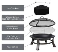 Brasero d'extérieur - Foyer de jardin - Forme ronde, diamètre 76 cm - Hauteur 46 cm - Grille de cuisson - Protection contre les étincelles - Noir