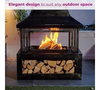 Brasero en acier noir - Foyer d'extérieur avec protection contre les étincelles et compartiment de rangement intégré pour le bois
