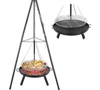 Brasero exterieur avec Gril Suspendu, Ø60cm, Gril Pivotant Barbecue, 200 cm Chaîne Réglable en Hauteur et 152cm Trépied