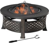 Brasero Fortuna Lai avec tisonnier, pare-étincelles, panier à feu, table à feu ronde, foyer pour jardin, camping, barbecue, acier noir, 81 x 81 x 50 cm