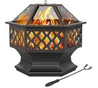 Brasero Jardin Hexagonal 61x61x62cm,Poêle à Bois Métal avec Couverture&Poker, pour Fête et Patio, Chauffage Extérieur Noir YAHEETECH