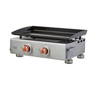 BRASERO - Plancha Alicia II Inox 2 feux - Surface cuisson 52 x 34 cm - 2 brûleurs - Plaque acier émaillée - Piezo intégré - Tiroir graisse - Jusqu'à 8 convives - 5 kW