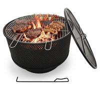Brasero Relaxdays, Ø 61 cm, avec grille, pare-étincelles et tisonnier, foyer de jardin 3 en 1, panier à feu, noir