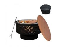 Brasero Relaxdays, Ø 66 cm, avec Grille, Couvercle, tisonnier et Housse étanche, Noir/Naturel