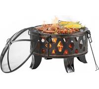 Brasero Relaxdays, Ø 66 cm, avec grille, pare-étincelles et tisonnier, foyer de jardin, panier à feu, noir/bronze