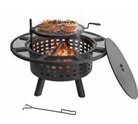 Brasero Relaxdays, Ø 91,5 cm, grille réglable, couvercle et tisonnier, foyer de jardin, panier à feu, noir