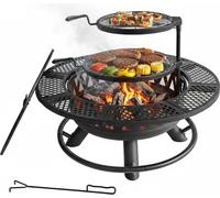 Brasero Relaxdays, Ø 92 cm, 2 grilles réglables, couvercle, tisonnier et housse, foyer de jardin, noir