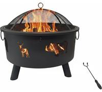 Brasero Relaxdays, Ø cuvette 64 cm, pare-étincelles, tisonnier, acier, motif animalier, foyer de jardin, noir