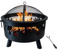 Brasero Relaxdays, Ø cuvette 64 cm, pare-étincelles, tisonnier, acier, motif flammes, foyer de jardin, noir