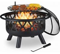 Brasero Relaxdays avec grille, pare-étincelles et tisonnier, Ø 75 cm, acier, pour jardin et terrasse, noir