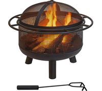 Brasero Relaxdays avec pare-étincelles, dimensions : 52 x 60 cm, tisonnier, jardin et terrasse, foyer d'extérieur, fer, noir