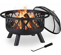 Brasero Relaxdays avec pare-étincelles, pour jardin et terrasse, avec tisonnier, foyer d'extérieur, en acier, Ø 75 cm, noir