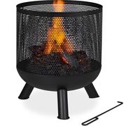 Brasero Relaxdays, design en maille, grille, tisonnier, feu de jardin, brasero, acier, H x P : 53 x 44 cm, noir