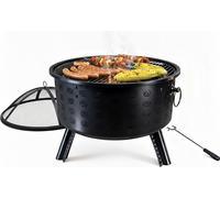 Brasero Relaxdays, H x Ø 62 x 66 cm, avec grille, pare-étincelles et tisonnier, foyer de jardin, panier à feu, noir