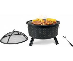 Brasero Relaxdays, H x Ø 62 x 66 cm, avec grille, pare-étincelles et tisonnier, foyer de jardin, panier à feu, noir
