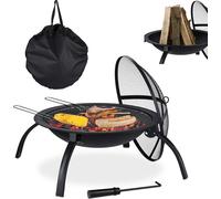 Brasero Relaxdays XL, avec sac de transport, grille de cuisson, tisonnier, couvercle pare-étincelles, jardin, terrasse, diamètre 56,5 cm, noir