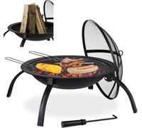 Brasero Relaxdays XL, grille de cuisson, tisonnier, couvercle pare-étincelles, jardin, terrasse, foyer de 56,5 cm de diamètre, noir
