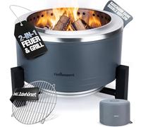 Brasero sans fumée en acier inoxydable Ø 56 cm | Brûleur turbo | Brasero 2 en 1 avec grille pour le jardin, le camping et la terrasse | Tonneau et panier à feu pour bois et granulés sans fumée