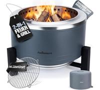 Brasero sans fumée en acier inoxydable, diamètre 56 cm. Doté d'un brûleur turbo. Brasero 2-en-1 avec grille de barbecue, idéal pour le jardin, le camping et la terrasse. Tonneau et panier à feu pour b