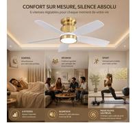 Brasseur d’air plafond 106 cm avec luminosité réglable 3 températures, 6 vitesses de ventilation, minuterie et fonctionnement