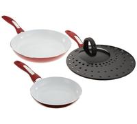 BRATmaxx 02478 Set de 3 poêles en céramique + couvercle anti-projection, rouge