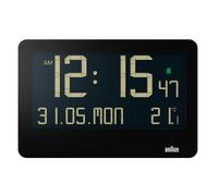 Braun Horloge Murale numérique avec température intérieure, Date, Jour de la Semaine, Grand écran LCD inversé, réglage Rapide, Alarme sonore en Noir, modèle BC14B.