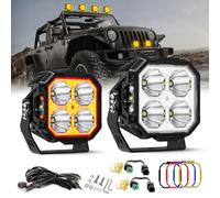 BraveWAY 3 Pouces Phare De Travail LED Carré avec Éclairage Latéral, 2PCS 70W 15000LM Longue Portée LED, 270 °Pods Flood Beam Projecteur Beam，Blanc Ambre pour Trucks Pickup Voiture Tracteur Moto