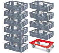 BRB Lot de 10 bacs euro, L x l x H 600 x 400 x 150 mm, qualité industrielle, qualité alimentaire + 1 chariot de transport avec planche en plastique ABS incassable (gris/rouge)