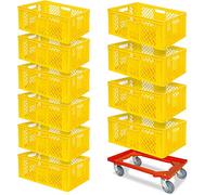 BRB Lot de 10 bacs euro, L x l x H 600 x 400 x 240 mm, qualité alimentaire + 1 chariot de transport (jaune/rouge)