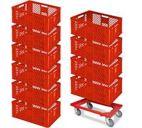BRB Lot de 10 bacs euro, L x l x H 600 x 400 x 240 mm, qualité alimentaire + 1 chariot de transport (rouge/rouge)