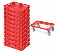 BRB Lot de 10 bacs euro, L x l x H 600 x 400 x 90 mm, qualité industrielle, qualité alimentaire + 1 chariot de transport (rouge/rouge)