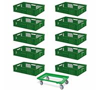 BRB Lot de 10 boîtes à euro, L x l x H 600 x 400 x 150 mm, qualité industrielle, convient à un usage alimentaire + 1 chariot de transport avec plateau en plastique ABS incassable (vert/vert)