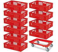 BRB Lot de 10 boîtes à euro, L x l x H 600 x 400 x 150 mm, qualité industrielle, de qualité alimentaire, rouge + 1 chariot de transport avec plateau en plastique ABS incassable