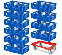 BRB Lot de 10 boîtes à euro, L x l x H 600 x 400 x 150 mm, qualité industrielle, qualité alimentaire, 1 chariot de transport avec plateau en plastique ABS incassable (bleu/rouge)