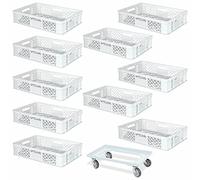 BRB Lot de 10 boîtes à euro, L x l x H 600 x 400 x 150 mm, qualité industrielle, qualité alimentaire, 1 chariot de transport avec plateau en plastique ABS incassable (blanc/blanc)
