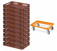 BRB Lot de 10 boîtes à euro, L x l x H : 600 x 400 x 90 mm, qualité industrielle, convient à un usage alimentaire + 1 roulette de transport (marron/orange)