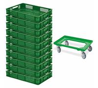 BRB Lot de 10 boîtes à euro, L x l x H 600 x 400 x 90 mm, qualité industrielle, convient à un usage alimentaire + 1 roulette de transport, vert