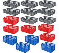 BRB Lot de 17 caisses de boulangerie / bacs euros ajourés, dimensions de base (L x l x H) : 600 x 400 mm, H : 150-320 mm, 27-63 l, bleu, gris, rouge