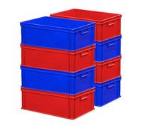 BRB Lot de 8 boîtes empilables 600 x 400 x 220 mm, PP, qualité industrielle, qualité alimentaire, 4 x bleu, 4 x rouge