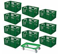 BRB Lot économique de 10 bacs empilables et roulettes de transport, 600 x 400 x 320 mm, qualité industrielle, convient à un usage alimentaire, vert