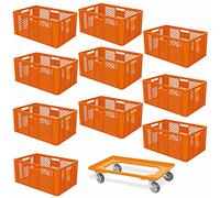 BRB Lot économique de 10 bacs empilables plus à roulettes de transport, 600 x 400 x 320 mm, qualité industrielle, convient à un usage alimentaire, orange