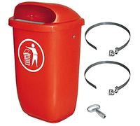 BRB Poubelle pour l'extérieur, capacité 50 l, conforme à la norme DIN 30713, en kit complet avec collier de serrage pour fixation au poteau (rouge)