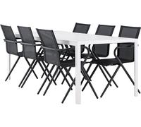 Break set de jardin table 90x205cm blanc, 6 chaises noires.