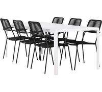 Break set de jardin table 90x205cm blanc, 6 chaises noires.