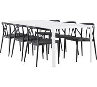 Break set de jardin table 90x205cm blanc, 6 chaises noires.