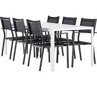Break set de jardin table 90x205cm blanc, 6 chaises noires.