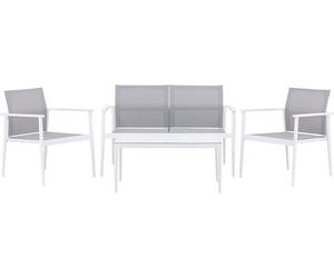 Breaksalon 1 canapé, 2 fauteuils, 1 table basse blanche.