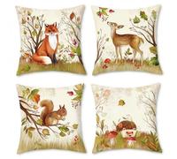 BREASOME Housse de Coussin 45x45 cm, Lot de 4 Housses de Coussin Animaux Sauvages Renard Écureuil Hérisson Cerf Taie d'oreiller Décorative Carrée en Lin pour Canapé Maison Salon Chambre à Coucher